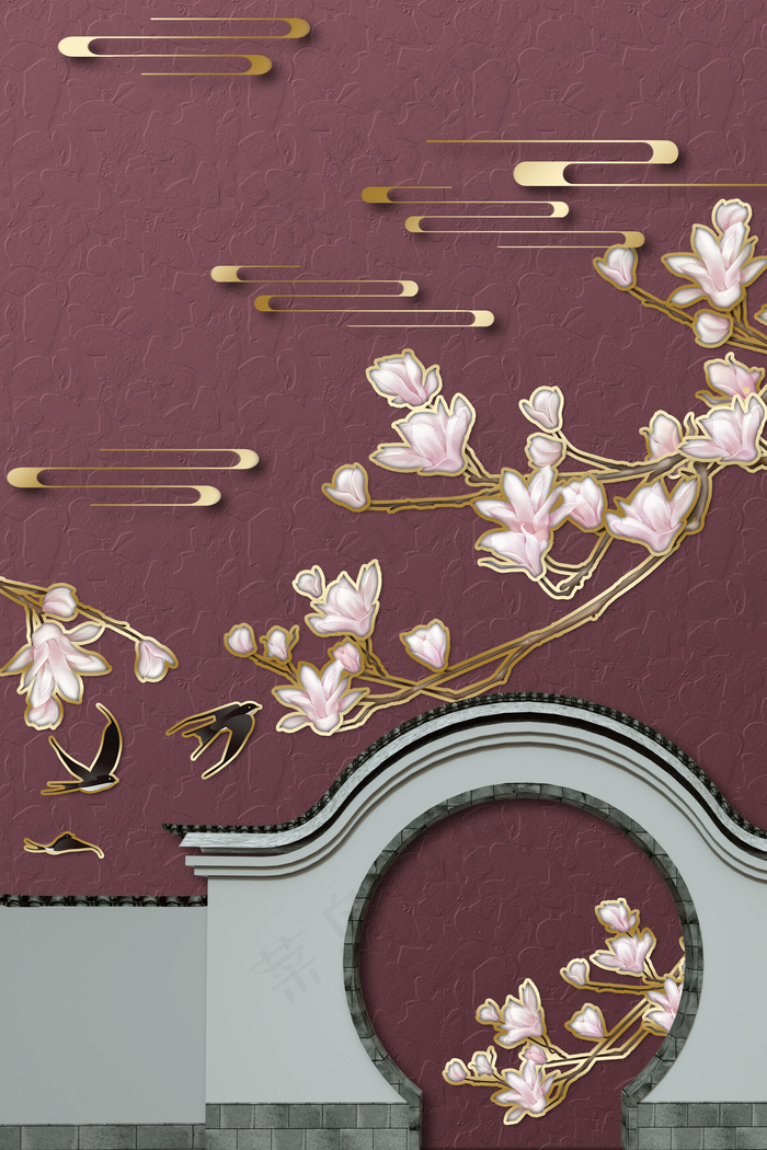 新中式玉兰花 拱门红色民国风装饰画