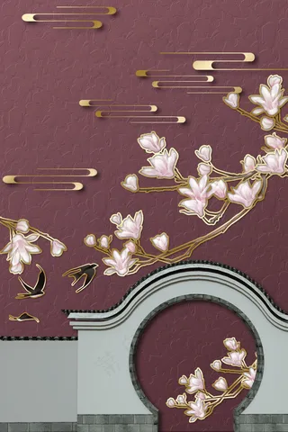 新中式玉兰花 拱门红色民国风装饰画