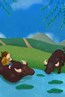 春季清明节简约牧童大水牛柳树配图