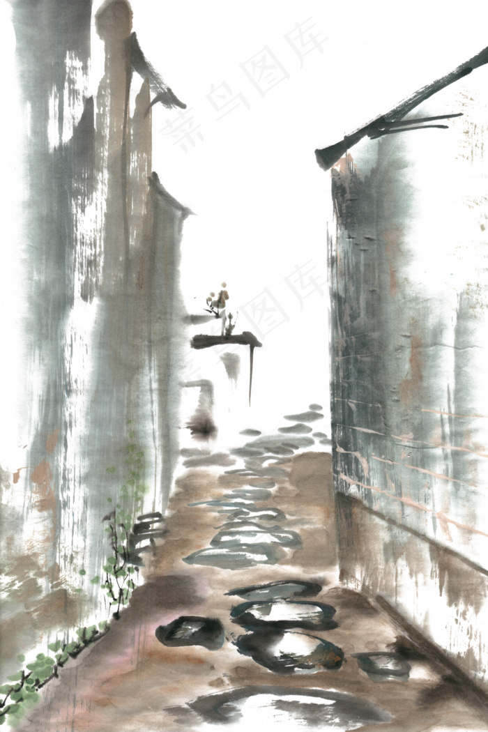 小巷水墨画PNG免抠素材