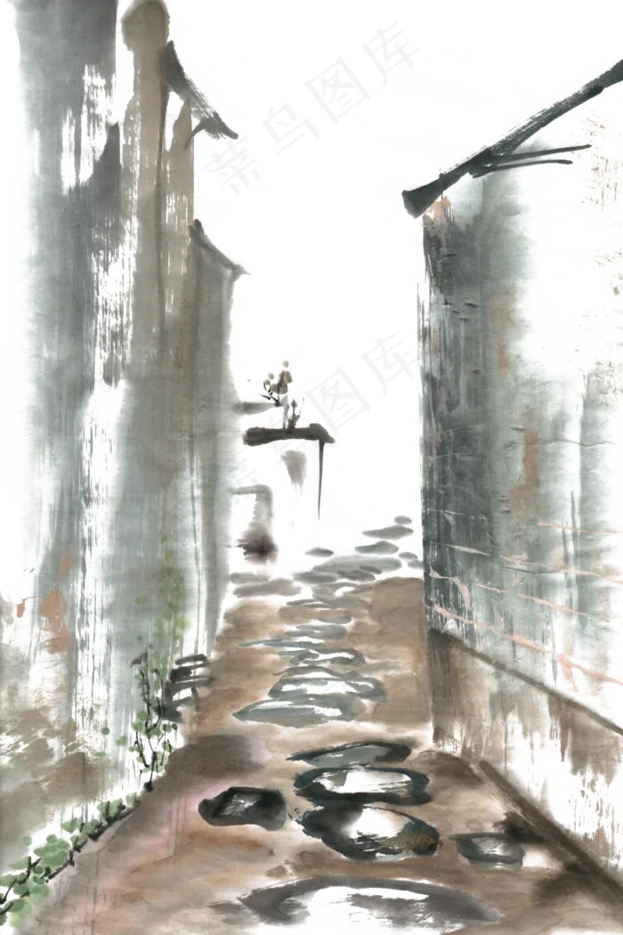 小巷水墨画PNG免抠素材(4724*7087px 300 dpi )psd模版下载