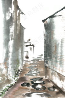 小巷水墨画PNG免抠素材