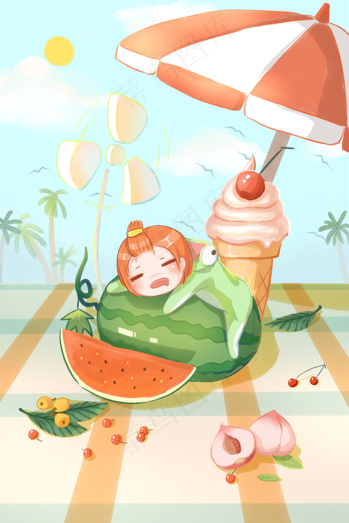 立夏小女孩爬在西瓜上乘凉(3545X5315(DPI:299))psd模版下载
