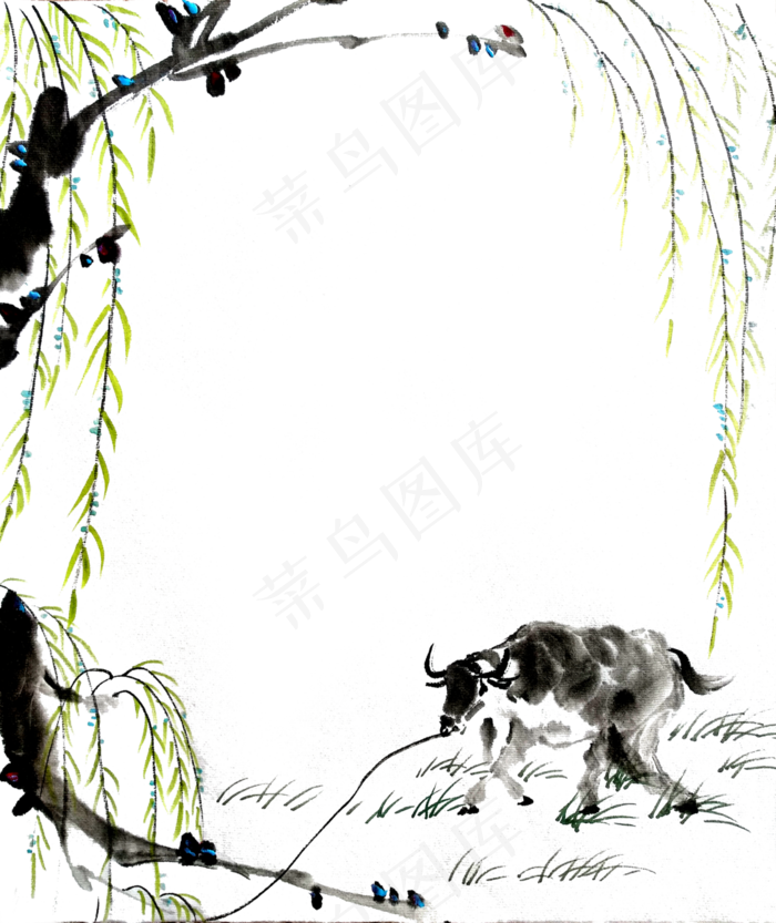 国画水墨新柳墨牛PNG春天装饰