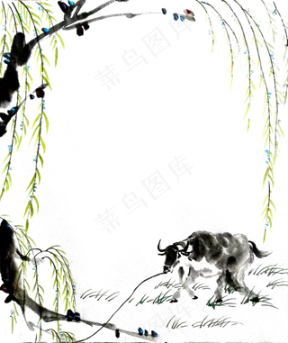 国画水墨新柳墨牛PNG春天装饰