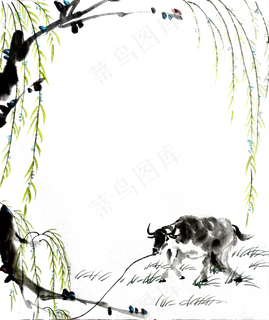 国画水墨新柳墨牛PNG春天装饰 国画水墨新柳墨牛PNG春天装饰