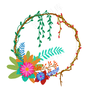 手绘植物花卉装饰圆形文案框,免抠元素