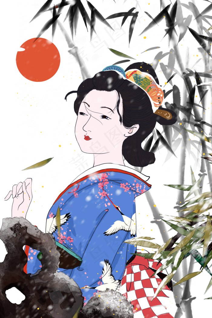 日系浮世绘女人竹子太阳假山云纹(1500X2249(DPI:300))psd模版下载