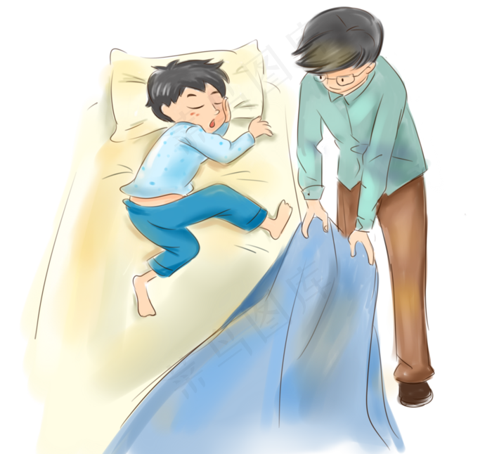 父亲给儿子盖上被子手绘插画