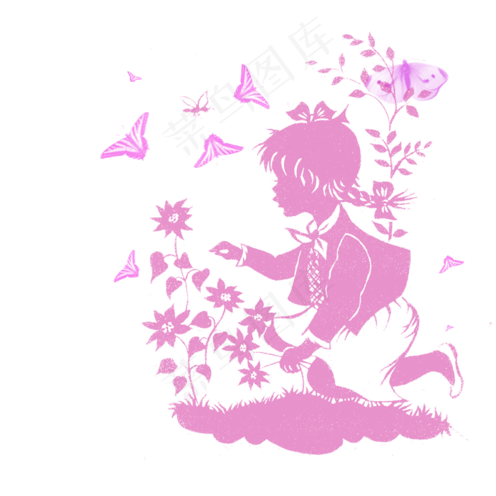 手绘红色草丛间的女孩