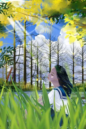 夏至春天治愈唯美日系天空阳光少女树林植物