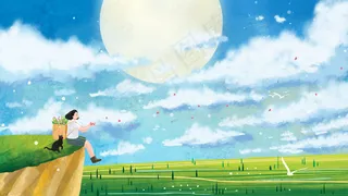 女孩背着花篮静静呆着风景