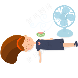 夏天节气卡通女孩吹风扇吃西瓜矢