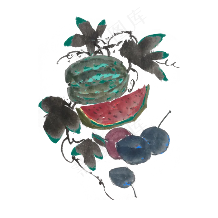 水墨蓝莓西瓜新鲜水果(4000X4000(DPI:300))psd模版下载