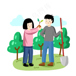 卡通手绘男孩和女孩植树节辛勤植