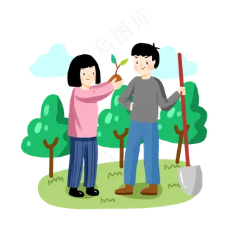 卡通手绘男孩和女孩植树节辛勤植
