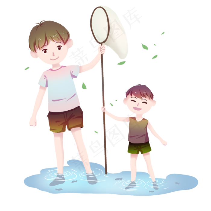 夏天爸爸带儿子去捞鱼