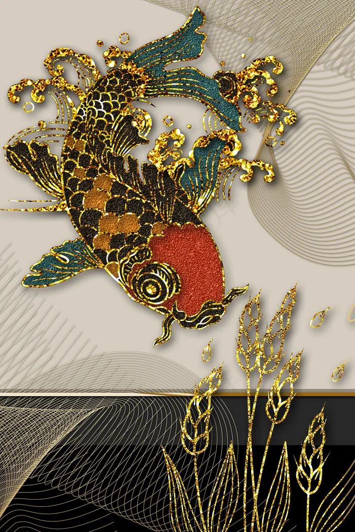 珐琅彩鲤鱼 麦穗金色新中式装饰画(800*3584px 150 dpi )psd模版下载