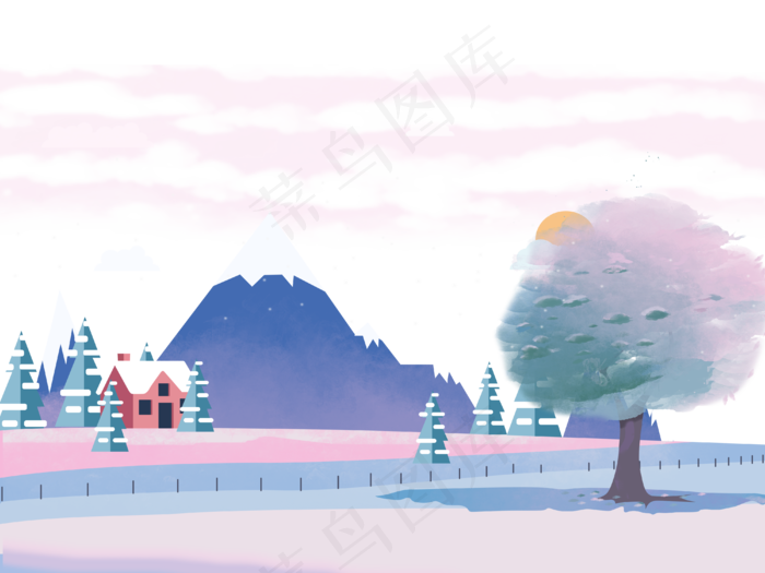 冬日欧洲小镇夕阳雪景装饰底框,免抠元素(4000X3000(DPI:300))psd模版下载