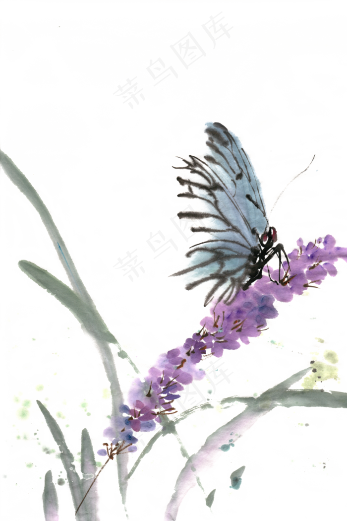 蝴蝶紫色花卉水墨画PNG免抠素材