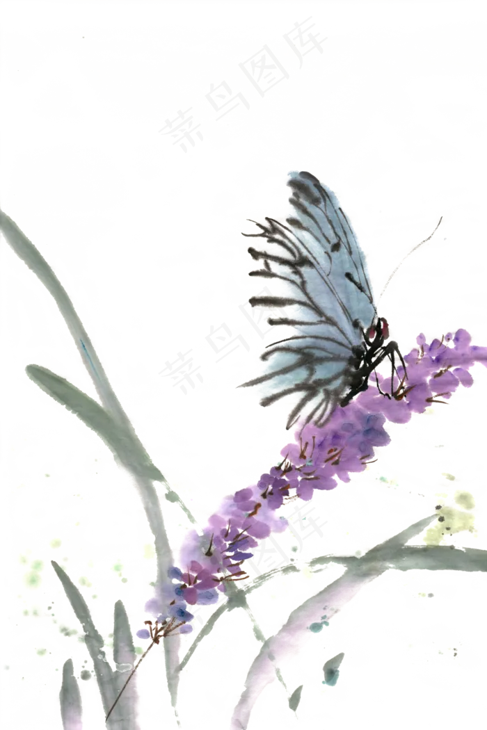 蝴蝶紫色花卉水墨画PNG免抠素材(4724*7087px 300 dpi )psd模版下载
