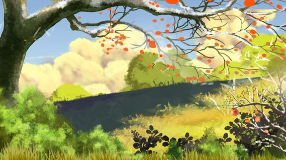 节气秋风秋天立秋天空大树植物云朵手绘场景 节气秋风秋天立秋天空大树植物云朵手绘场景
