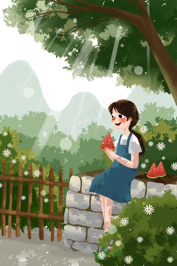 夏天夏季夏日初夏大暑夏至女孩乘凉吃西瓜(3545*5315px 300 dpi )psd模版下载