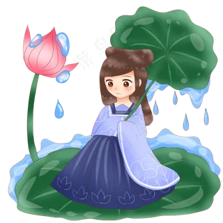 谷雨荷叶挡雨的女孩