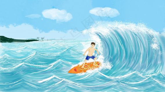 夏天海上冲浪的男孩