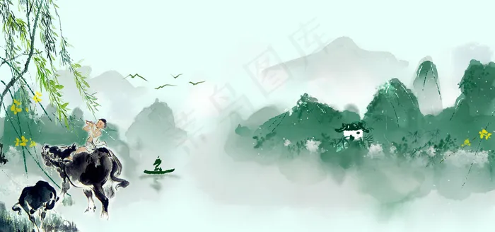 清新手绘绿色清明节平面广告(1920*900px 	       )psd模版下载