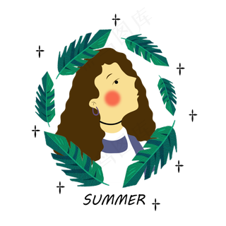 夏季树叶唯美女孩手绘
