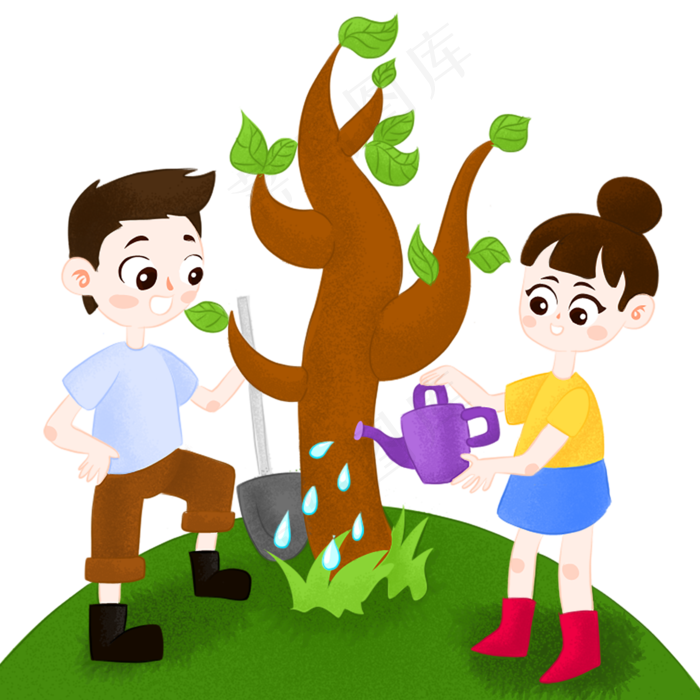 手绘植树节男孩和女孩给树木浇水