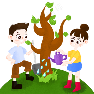 手绘植树节男孩和女孩给树木浇水