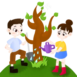 手绘植树节男孩和女孩给树木浇水