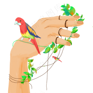 手创意绿色鸟植物PNG装饰幻想