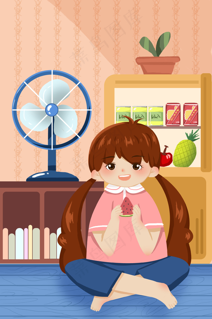夏季夏日小女孩吃西瓜吹风扇