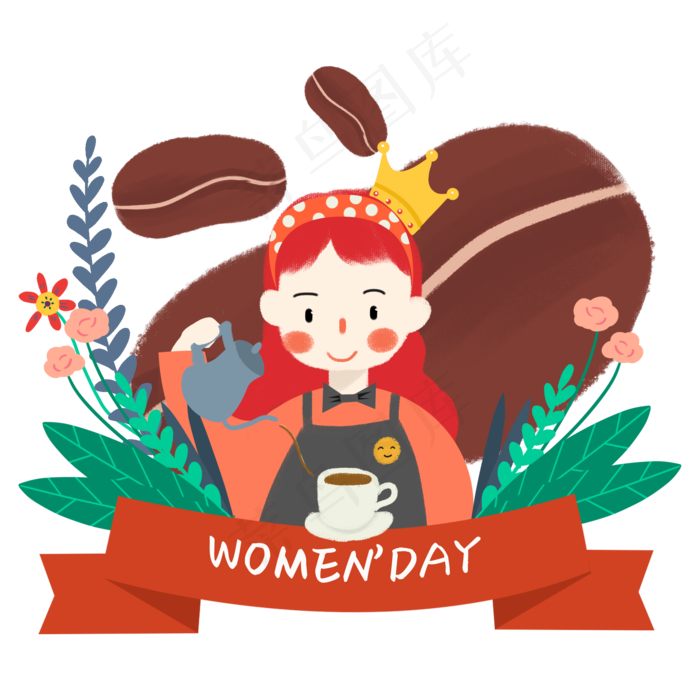 女神节小清新风格女性咖啡师,免抠元素