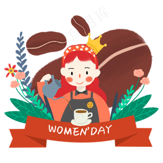 女神节小清新风格女性咖啡师,免抠元素