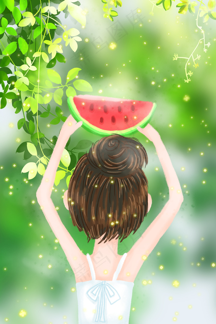 夏季女孩西瓜水果背影自然(3545X5315(DPI:300))psd模版下载