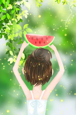 夏季女孩西瓜水果背影自然