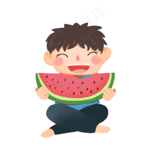 卡通人物开心吃西瓜