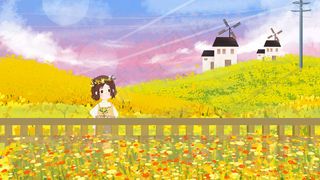 夏季春油菜花与少女唯美治愈手绘风郊游房子