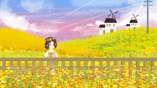 夏季春油菜花与少女唯美治愈手绘风郊游房子