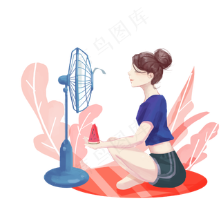 扇风乘凉吃瓜女孩