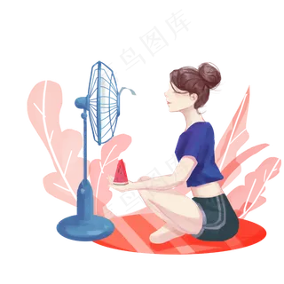 扇风乘凉吃瓜女孩