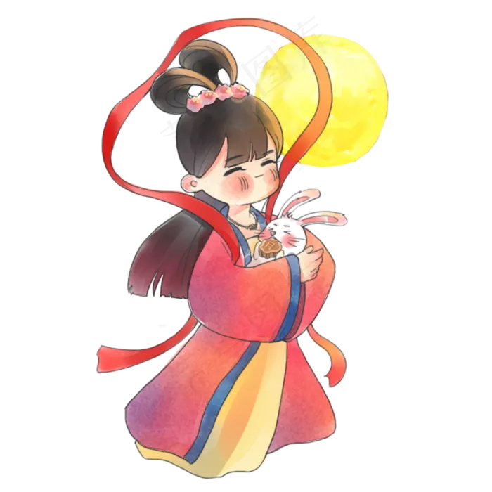 中秋暖色调水彩风嫦娥与玉兔PN(2000X2000(DPI:300))psd模版下载