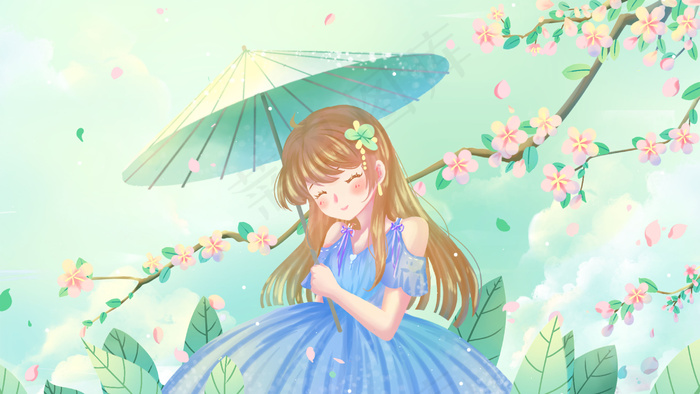 绿色唯美卡通治愈桃花花季春季外出赏景配图