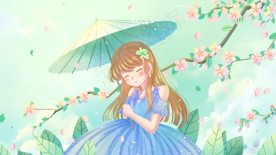 绿色唯美卡通治愈桃花花季春季外出赏景配图