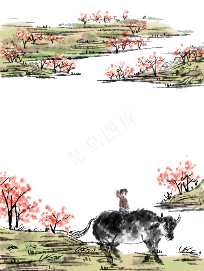 装饰国画桃花水墨黄牛牧童春天清,免抠元素