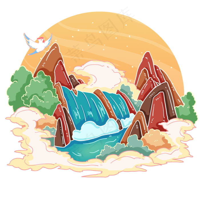 古风黄果树瀑布山水,免抠元素